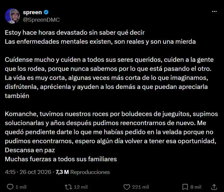 publicación de Spreen en X sobre la muerte del streamer Komanche