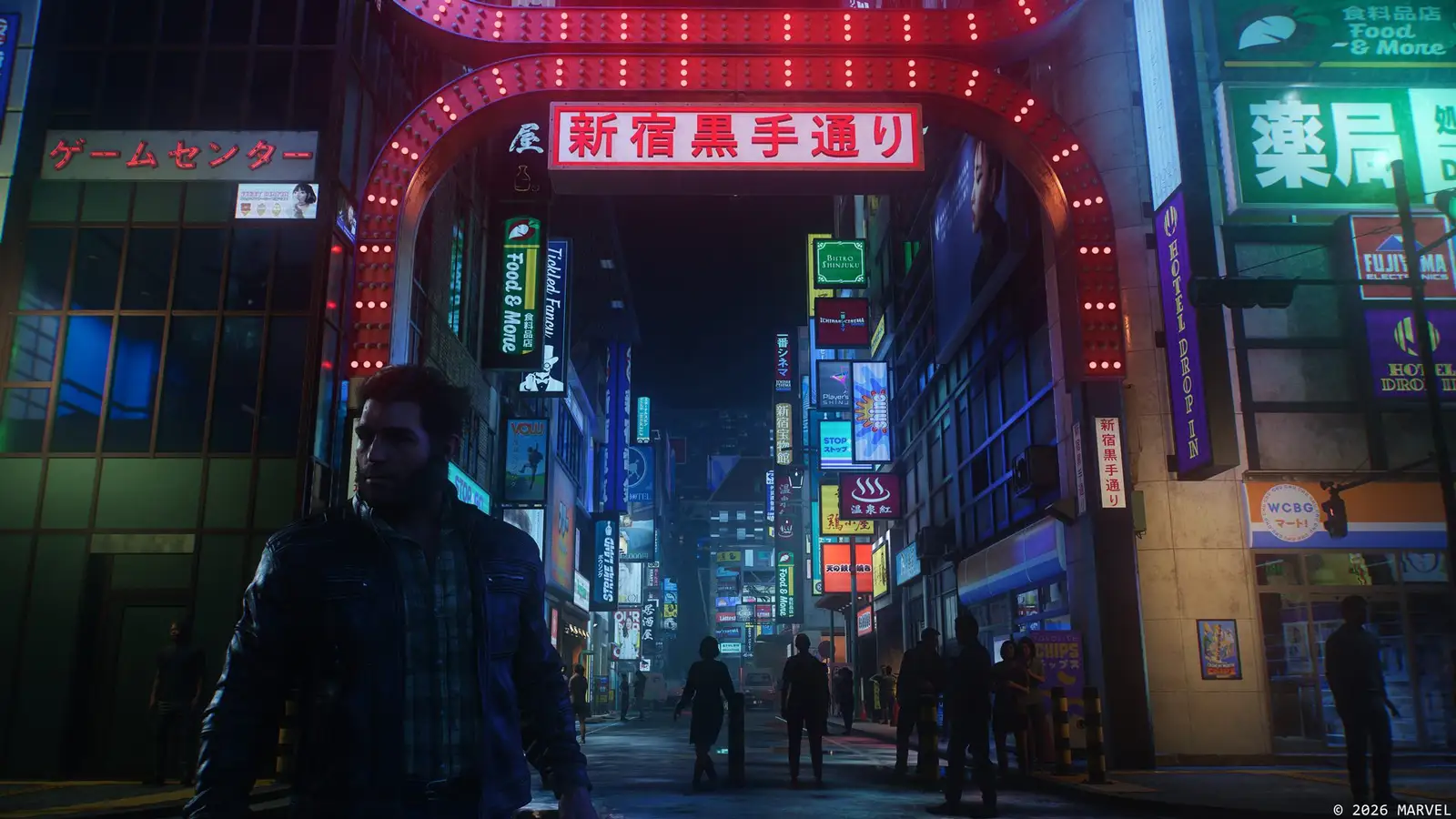 Logan camina por una calle de Shinjuku llena de carteles de neón en Marvel's Wolverine, uno de los primeros juegos con QSSR en PS5