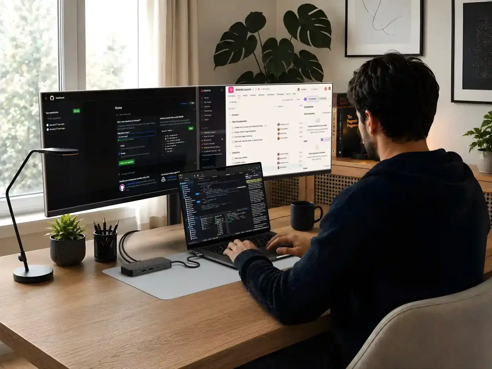 Un hombre trabaja con una notebook conectada al adaptador Satechi ExtendView, que alimenta dos monitores externos en su escritorio
