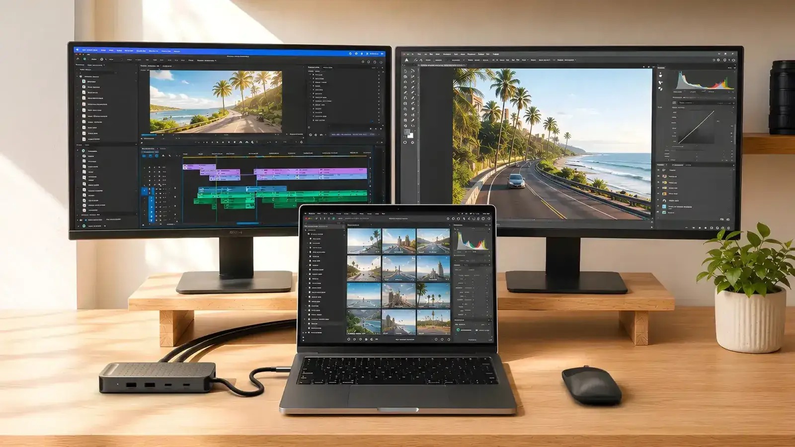 El Satechi ExtendView conectado a una notebook, con dos monitores externos que muestran programas de edición de fotos y video