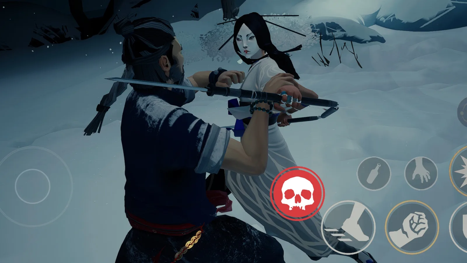Captura de Sifu en celulares: duelo en la nieve contra una enemiga con espada, con el stick virtual y los botones táctiles en pantalla