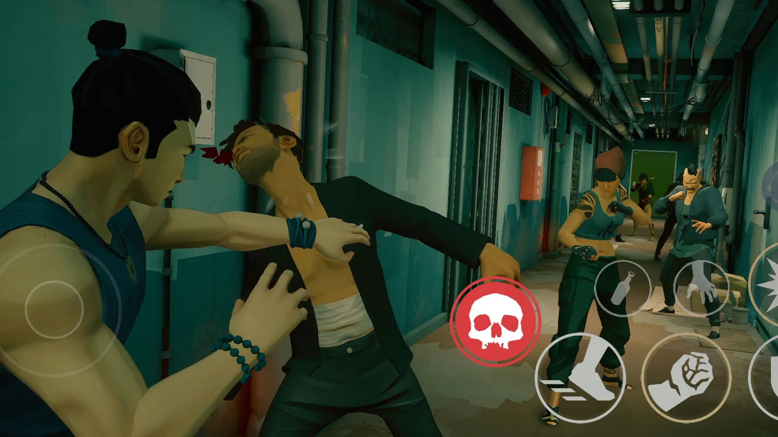Sifu en celulares: el protagonista pelea contra varios enemigos en un pasillo, con los controles táctiles de la versión para iOS y Android