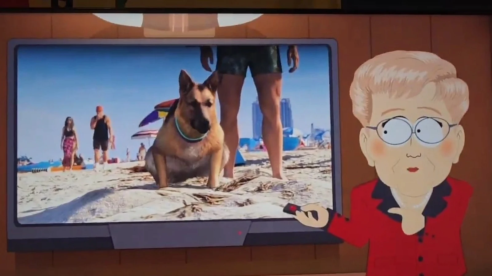 Un personaje de South Park muestra en un televisor imágenes de GTA 6 con un perro en la playa