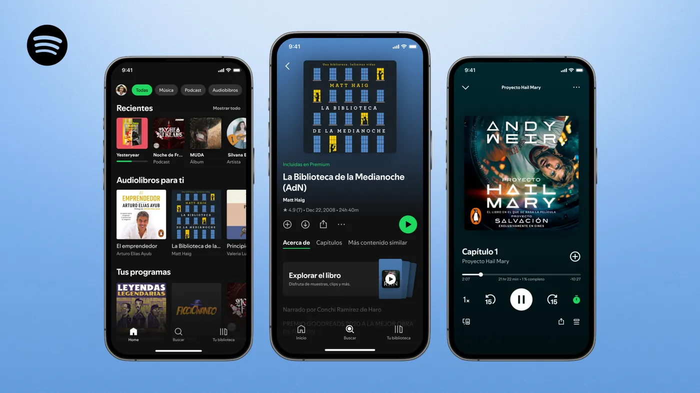 Tres pantallas de la app de Spotify con la sección de audiolibros en español, la ficha de un libro y el reproductor de Proyecto Hail Mary