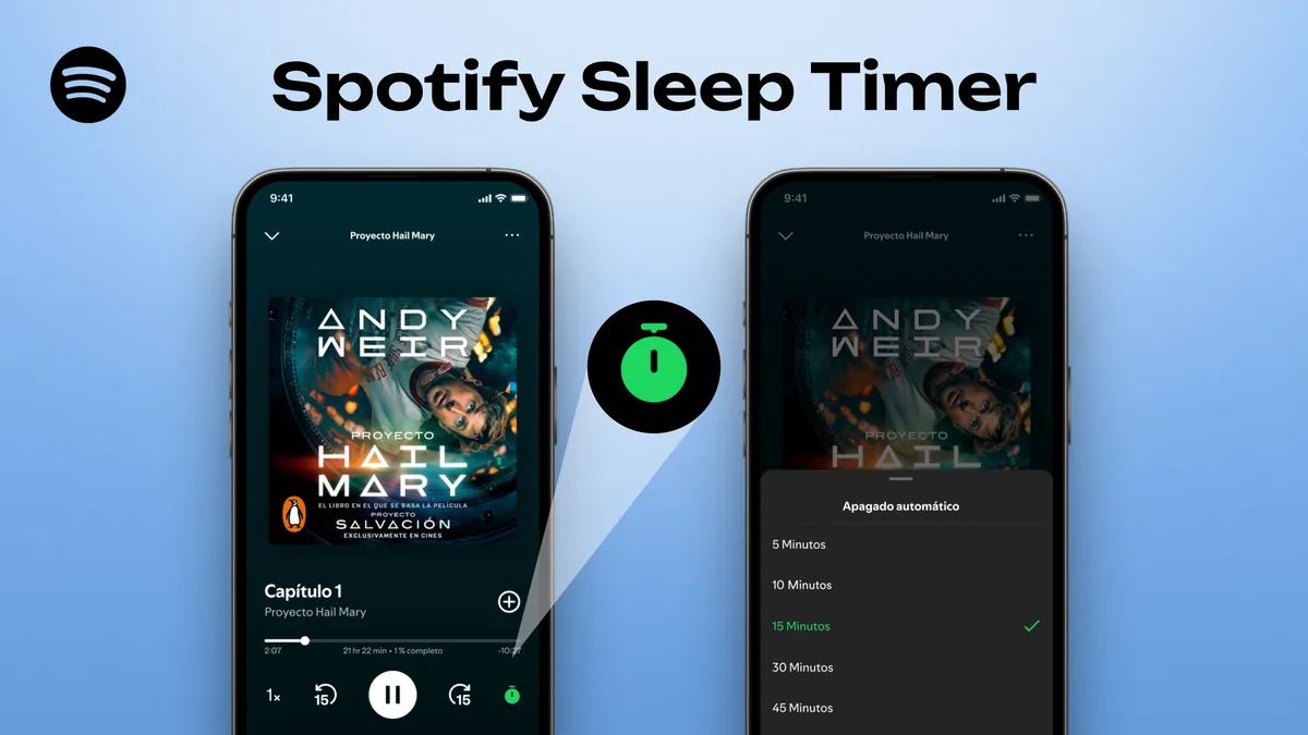 Función Sleep Timer de Spotify en dos celulares, con el menú para elegir cuándo se detiene la reproducción de un audiolibro