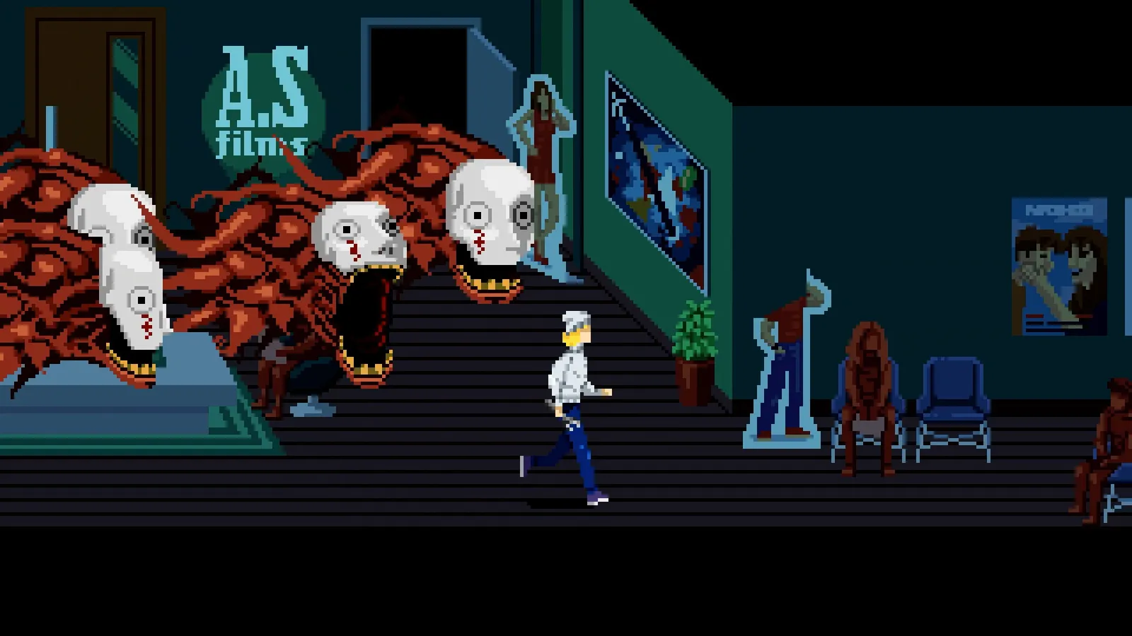Captura del gameplay en pixel art de Tenebris Somnia: el protagonista corre por un hall con criaturas de cabezas blancas a sus espaldas
