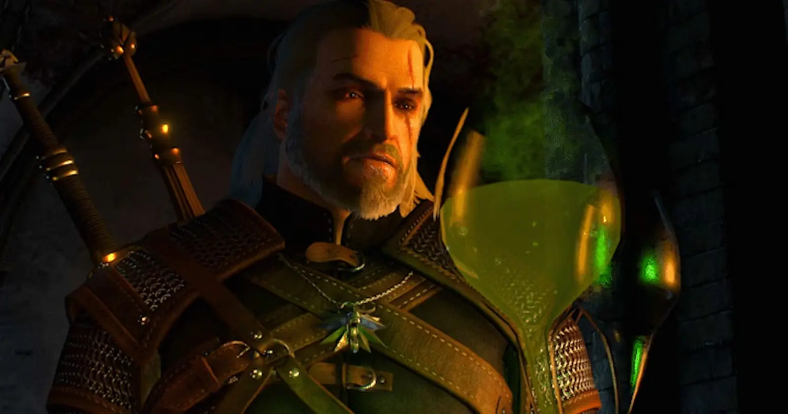 Geralt toma una poción en The Witcher 3 Remastered