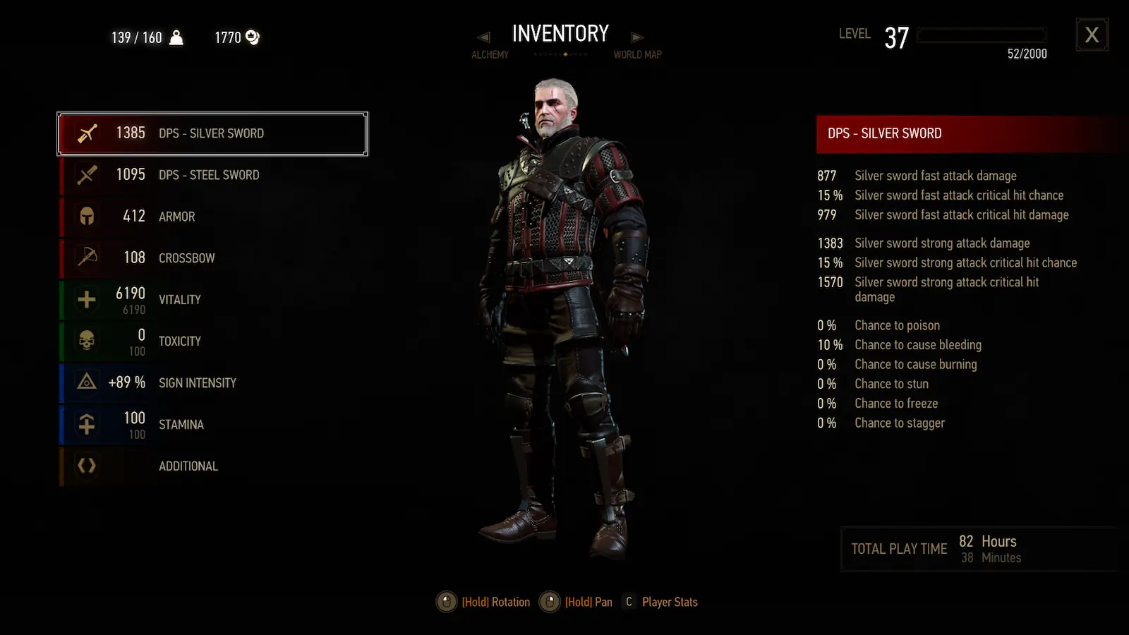 Pantalla de inventario y estadísticas de equipo de Geralt en The Witcher 3 Remastered