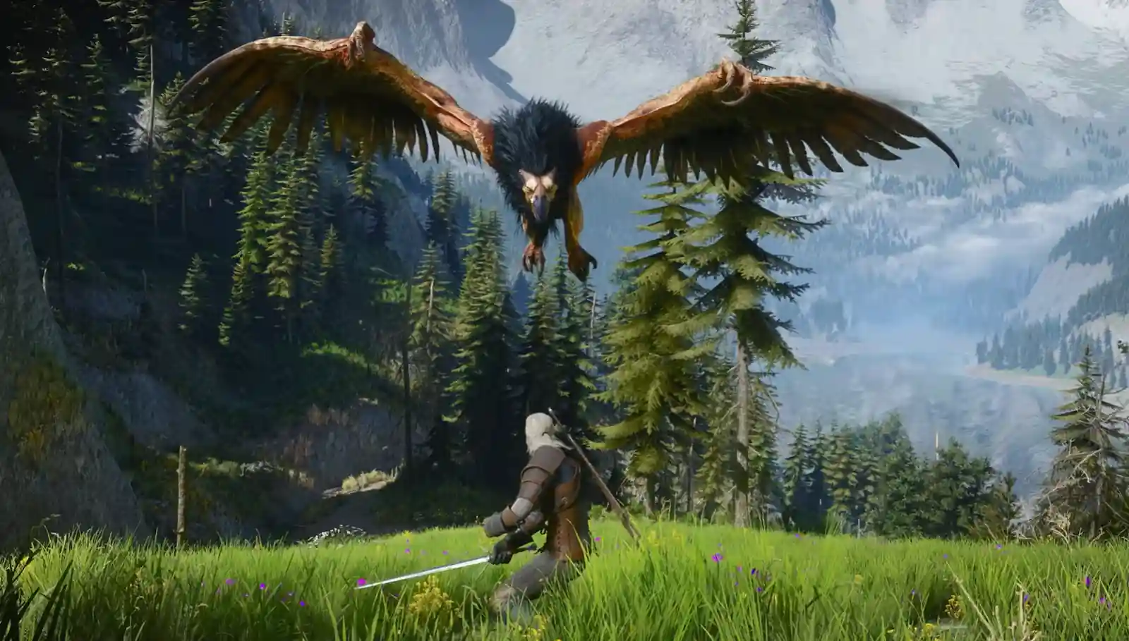 Geralt enfrenta a un grifo en un combate de The Witcher 3 Remastered