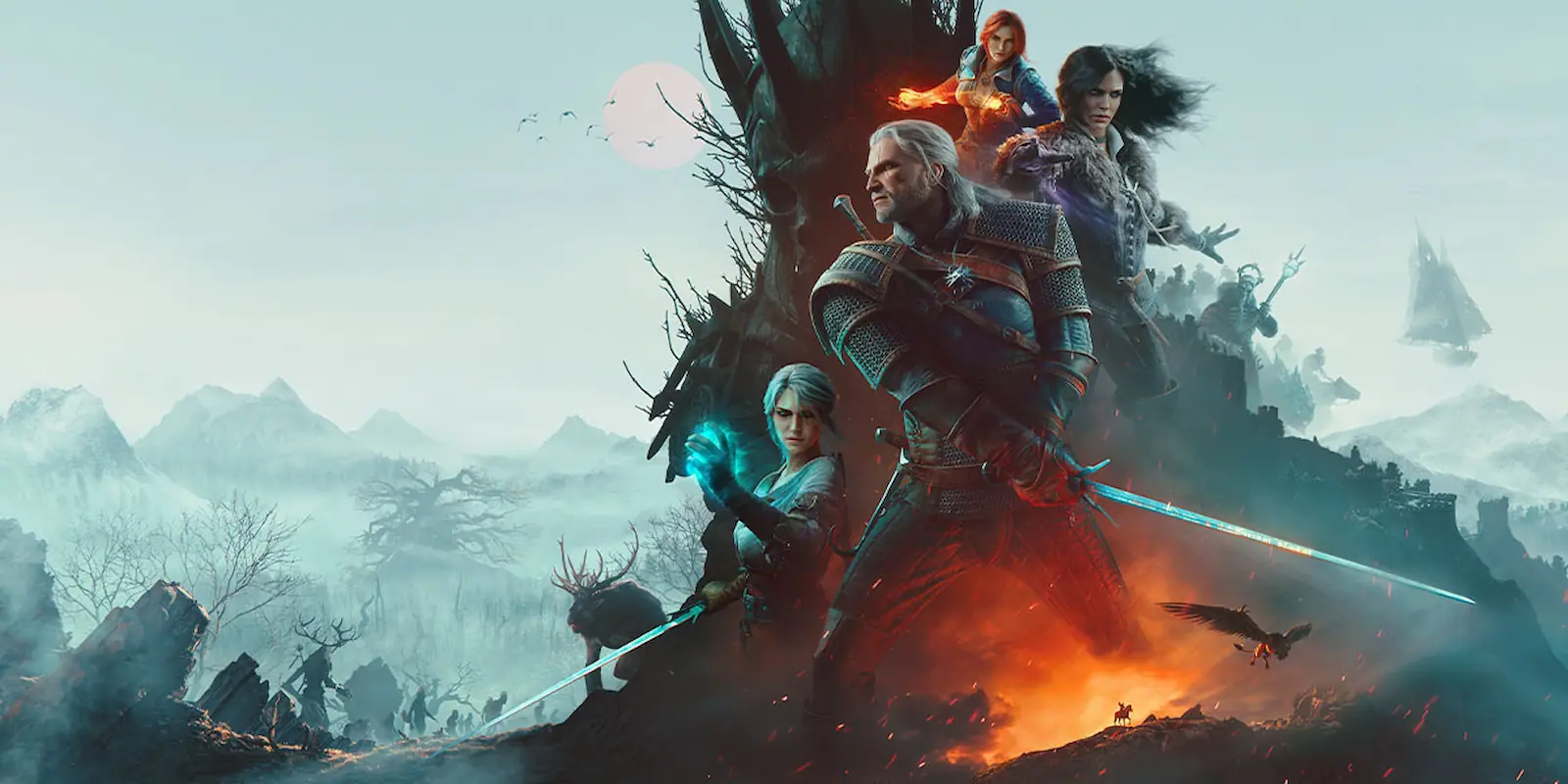 Arte oficial de The Witcher 3 Remastered con Geralt de Rivia, Ciri, Yennefer y Triss