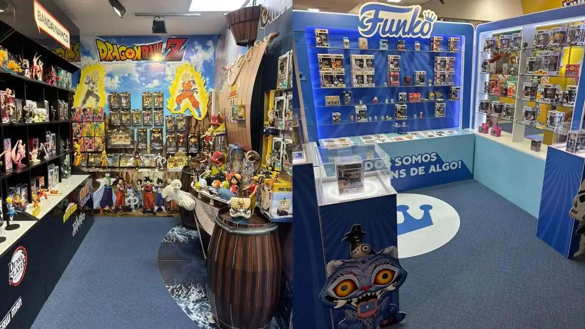 Sector de Dragon Ball Z con figuras de Bandai Namco y vitrinas de Funko Pop en el espacio de Vulcanita Collector