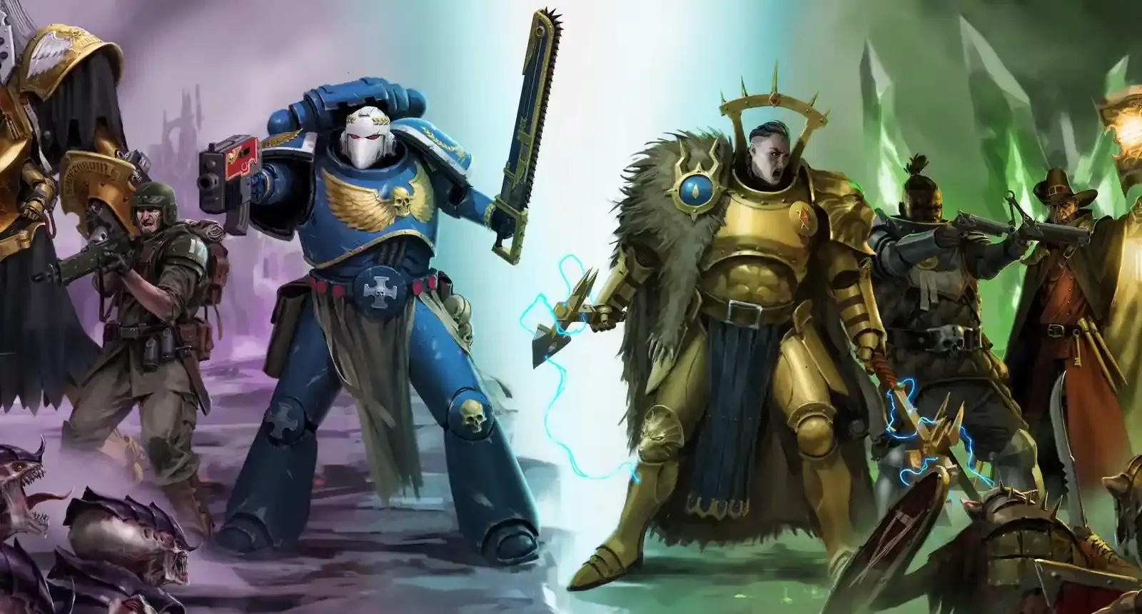 Arte oficial de Warhammer Survivors con un Space Marine de Warhammer 40,000 y un Stormcast Eternal de Age of Sigmar