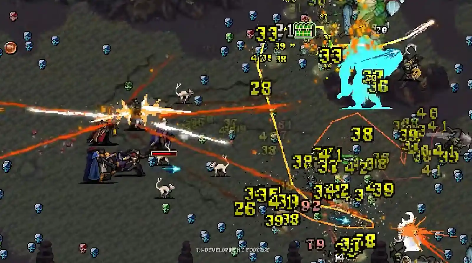Combate contra una horda de enemigos con números de daño en pantalla en Warhammer Survivors
