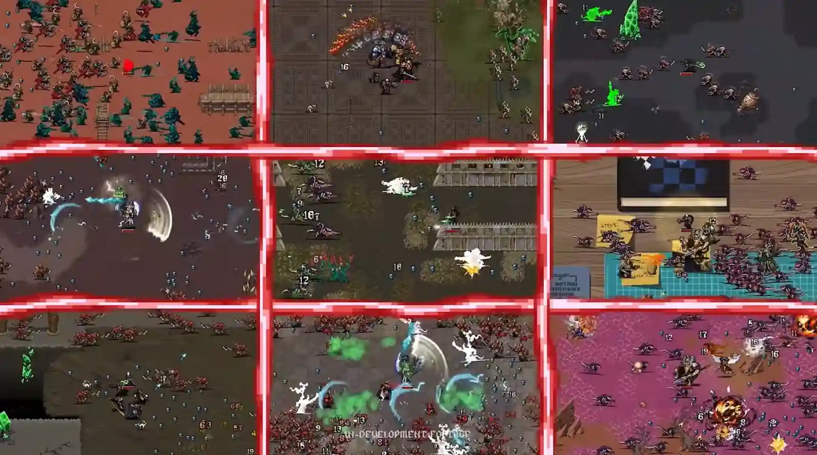 Mosaico con distintos escenarios y enemigos de Warhammer Survivors