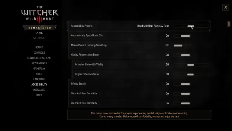 Menú de opciones de accesibilidad de The Witcher 3 Remastered