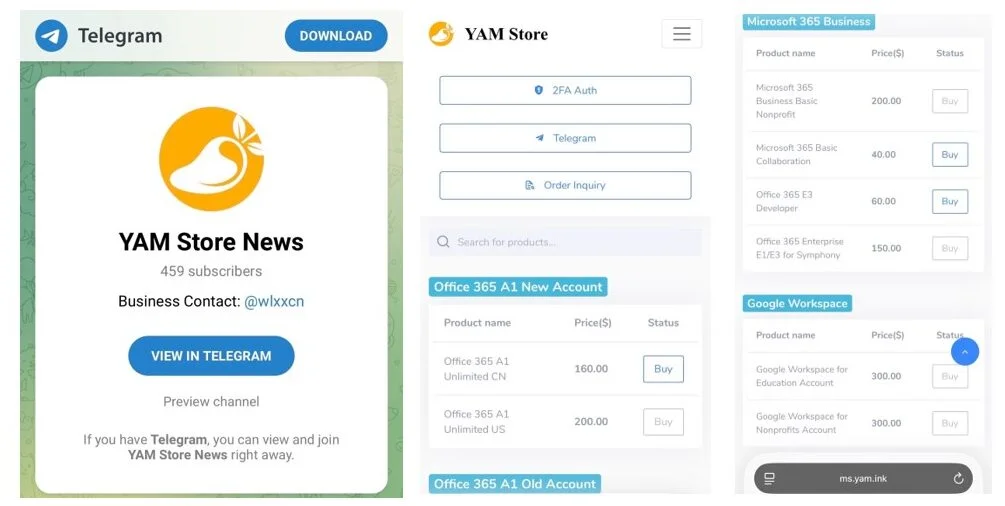 Capturas del canal de Telegram de YAM Store y de su tienda online, con cuentas de Office 365 y Google Workspace a la venta